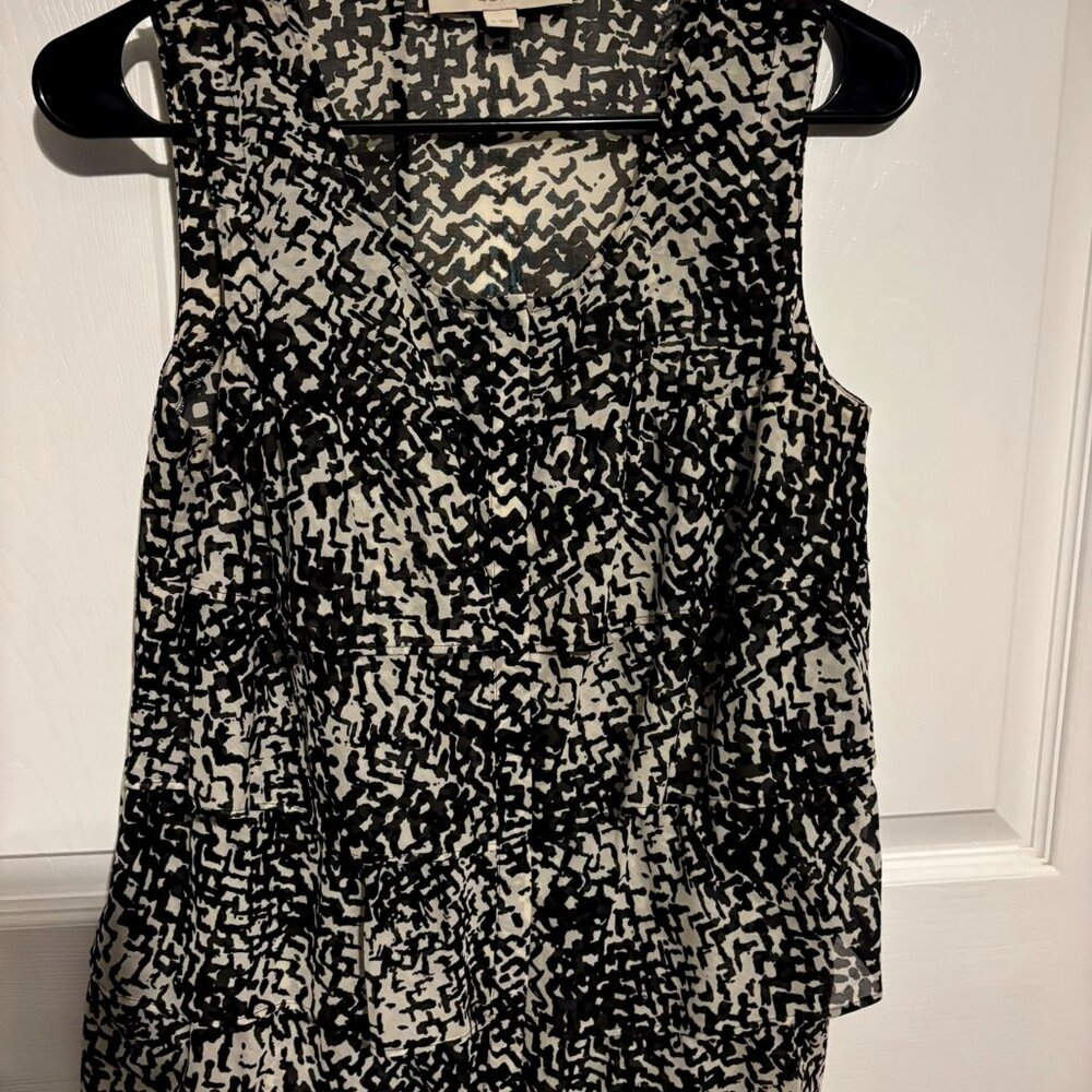 Ann Taylor Loft Womens Top Sleeveless Sz S Black/Off White Ruffled Front
